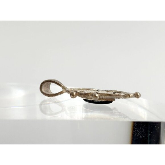 Art Deco Black Onyx Sterling Silver Modernist Marcasite 925 Vintage Pendant - Picture 7 of 8